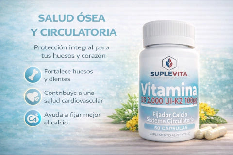 Vitamina D3 + K2 Suplevita | Fijador de Calcio y Bienestar Circulatorio